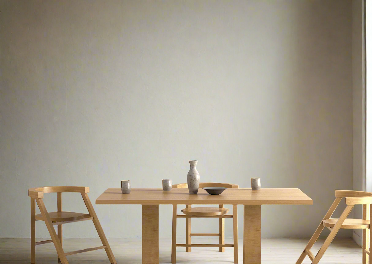 Wooden Dining Table set infront of empty walls in need of colourful posters