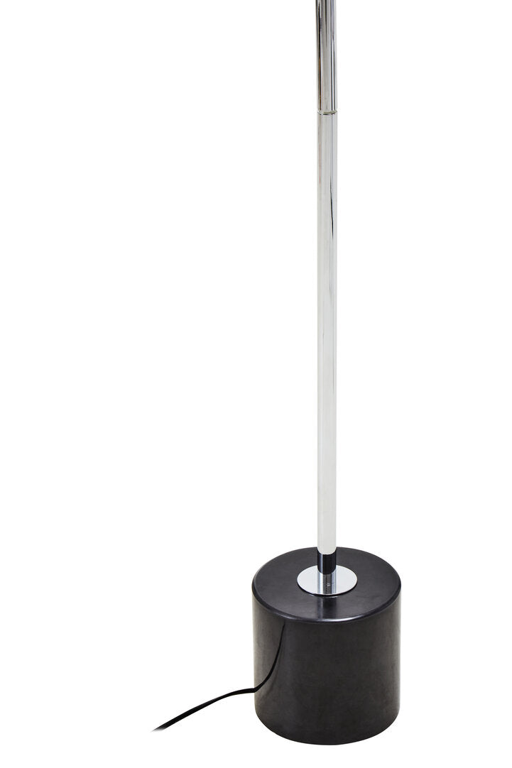 Modern floor lamp with black base and silver pole on a white background