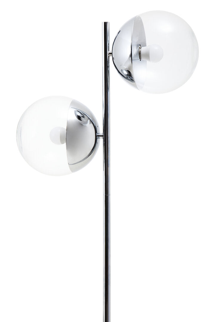 Modern floor lamp with two spherical glass shades on a white background