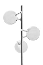 Modern floor lamp with three spherical silver shades on a white background