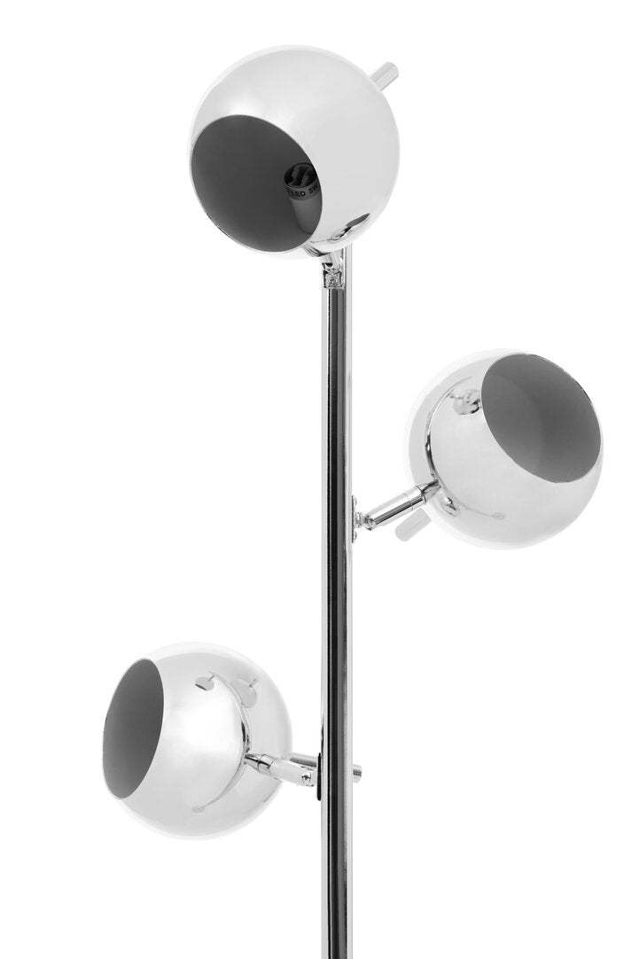 Modern floor lamp with three spherical lampshades on a white background