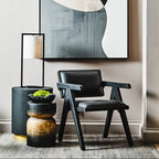Modern interior with abstract art, black chair, and decorative plants.