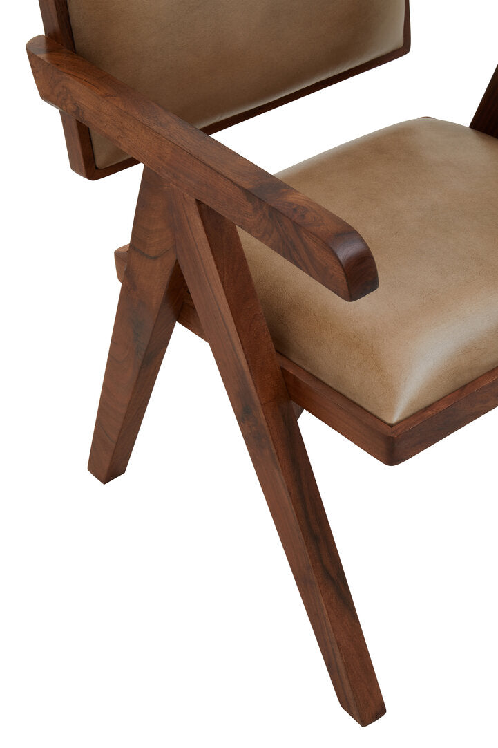 Brown wooden leather chair seen from above on white background