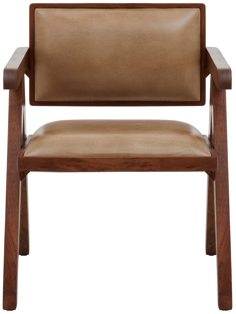 Brown wooden leather chair seen from front on white background