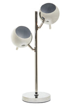 Modern table lamp with two spherical shades on a white background
