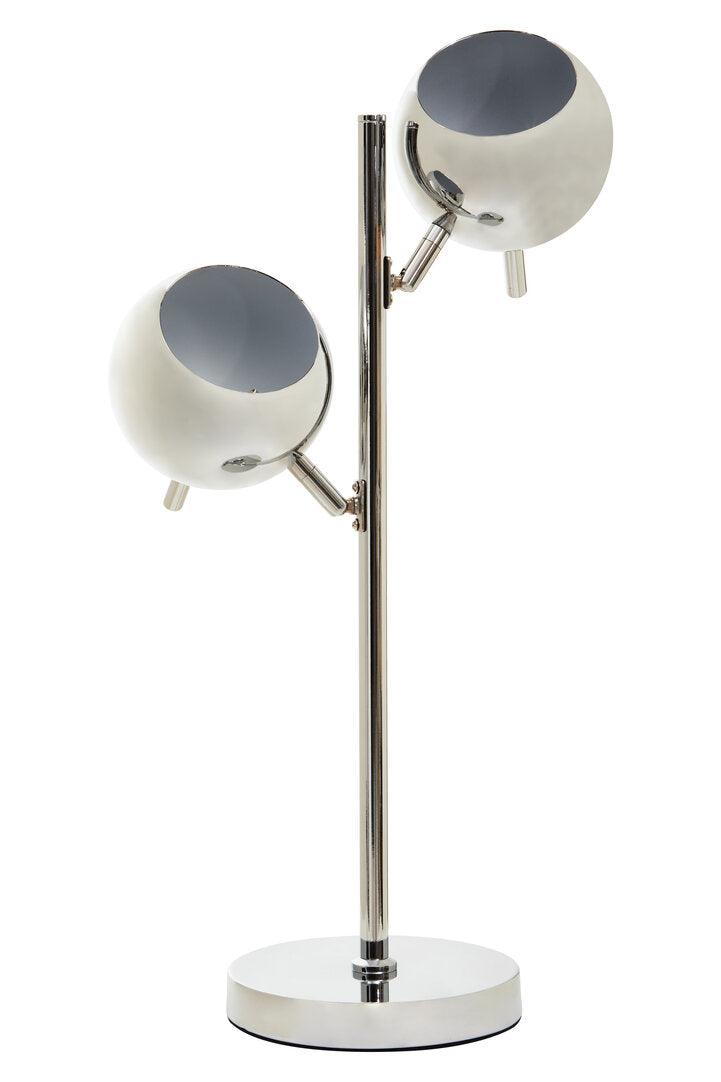 Modern table lamp with two spherical shades on a white background