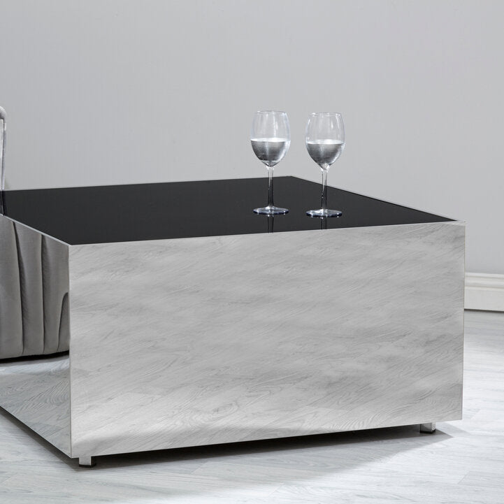 Chrome Square Coffee Table with 2 glasses on