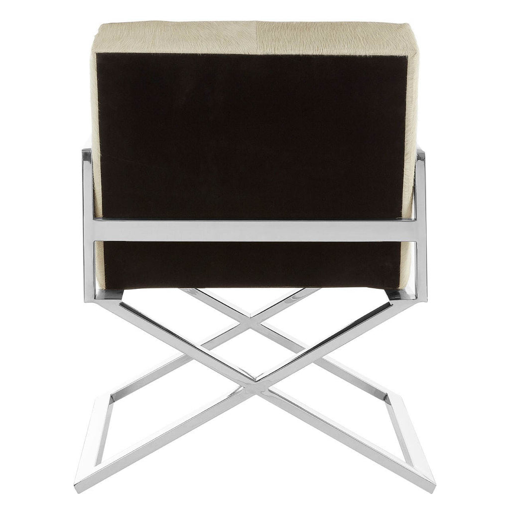 Back of Chrome Cross Leg Chair with white upholstery on white background