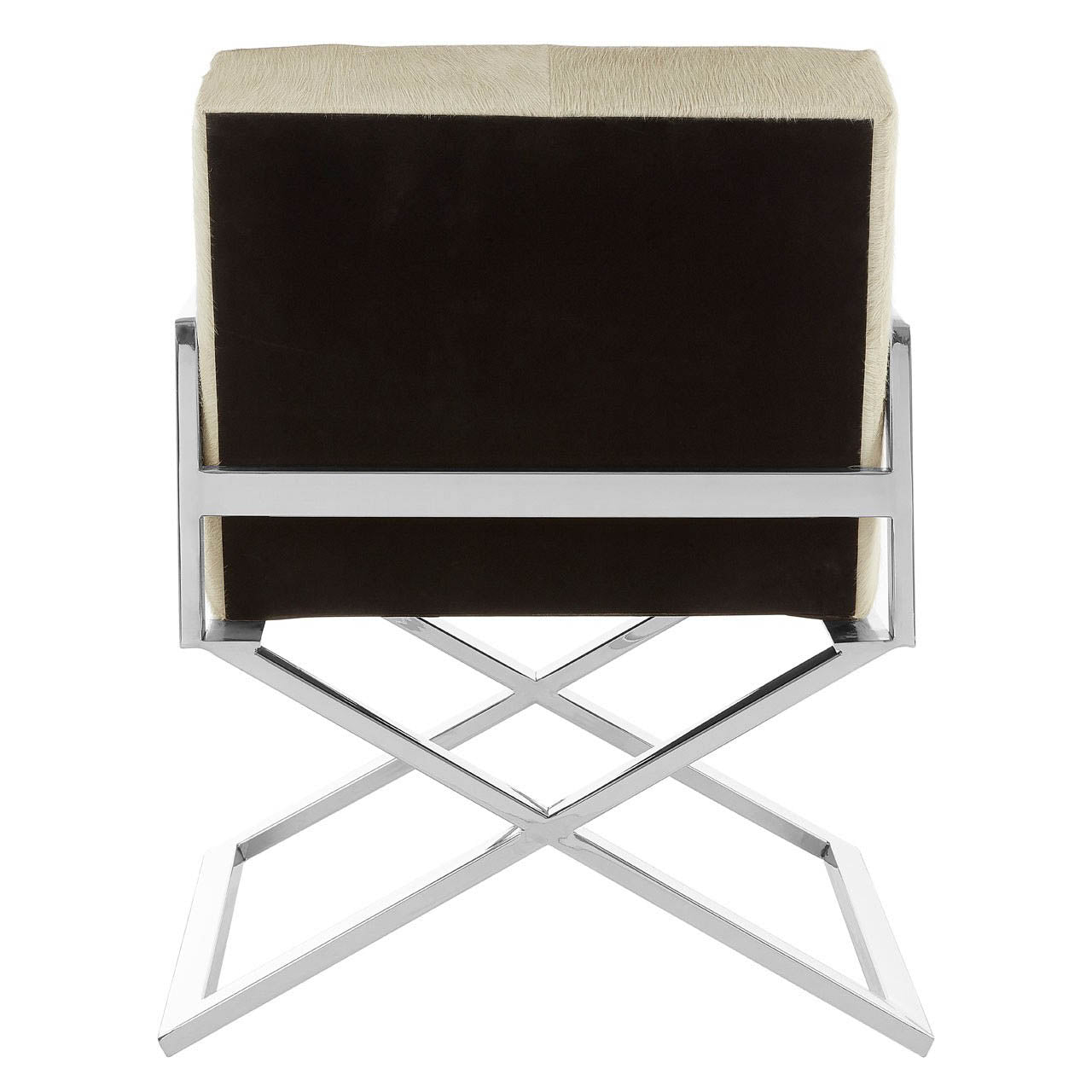 Back of Chrome Cross Leg Chair with white upholstery on white background