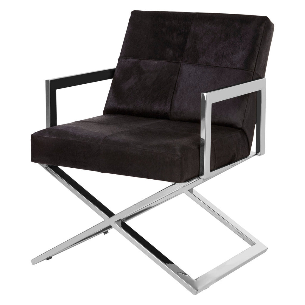 Chrome Cross Leg Chair with black leather seating on white background