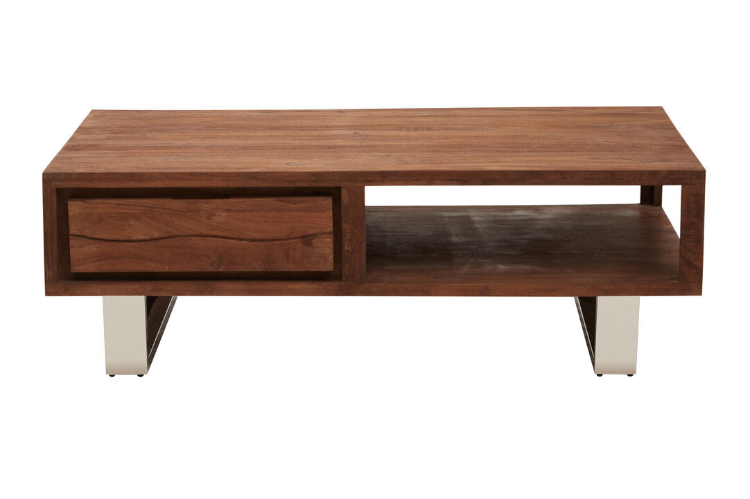 Wooden coffee table with drawer on white backround