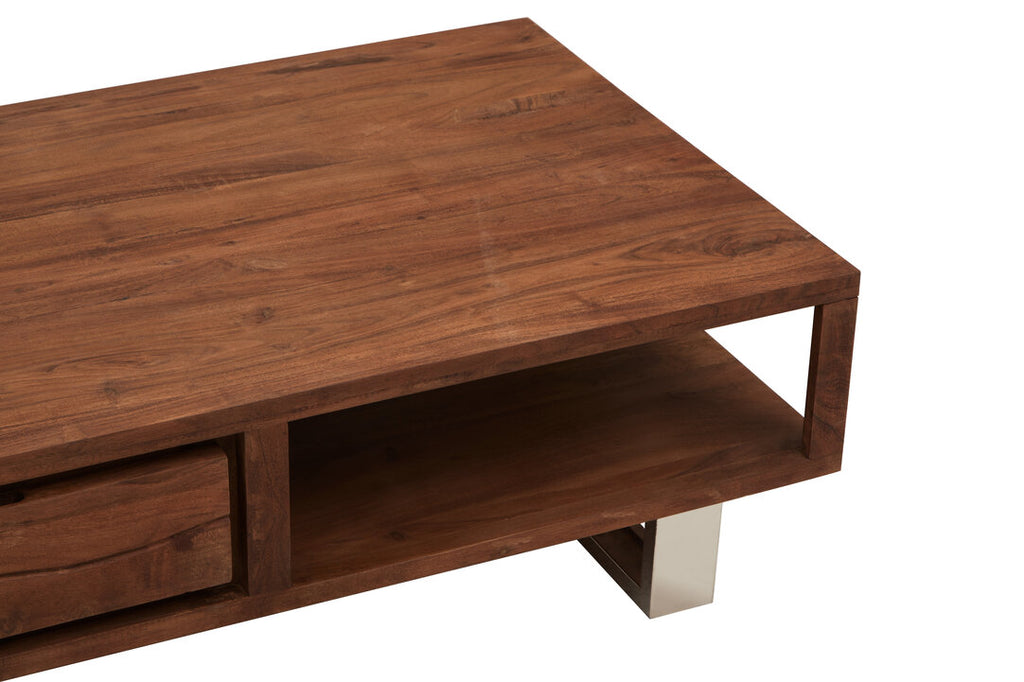 Wooden coffee table with drawer on white backround