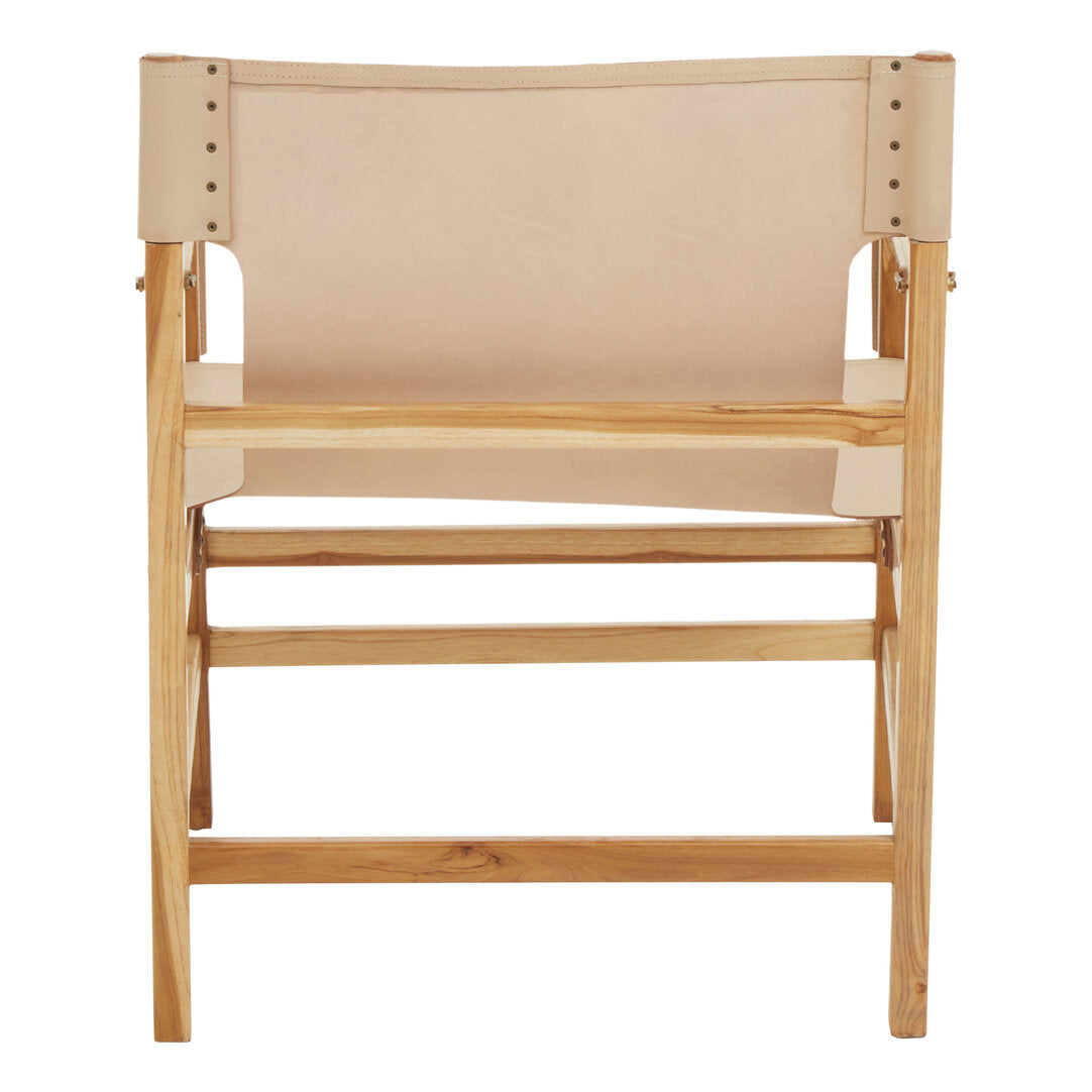 Cream Leather Teak Wood Chair on white background