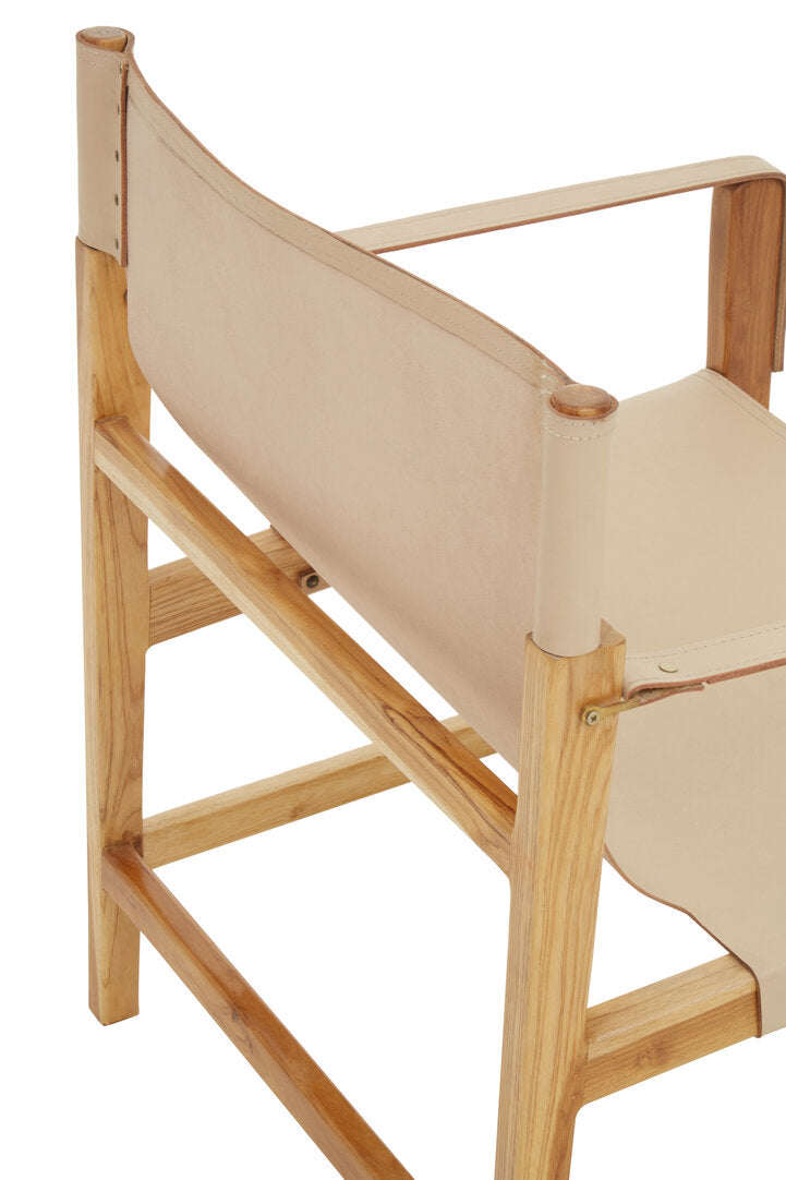 Cream Leather Teak Wood Chair on white background