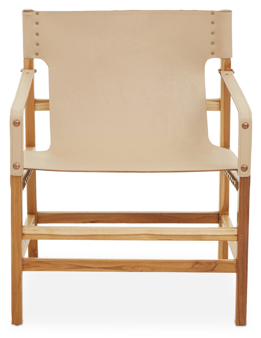 Cream Leather Teak Wood Chair on white background
