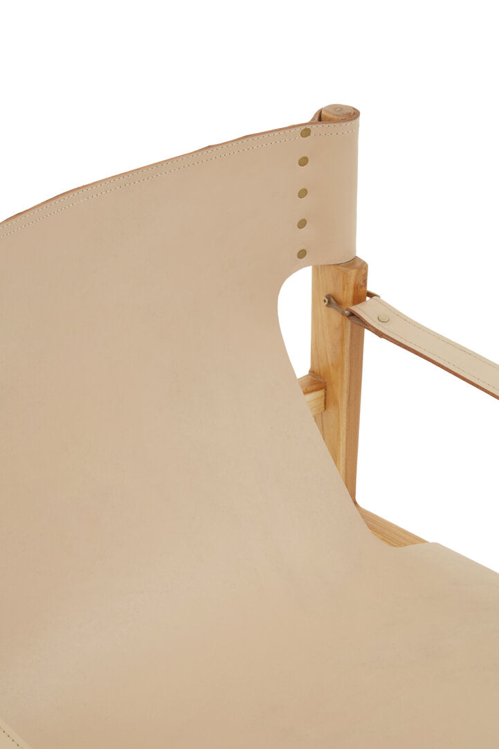 Cream Leather Teak Wood Chair on white background