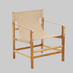 Cream Leather Teak Wood Chair on grey background