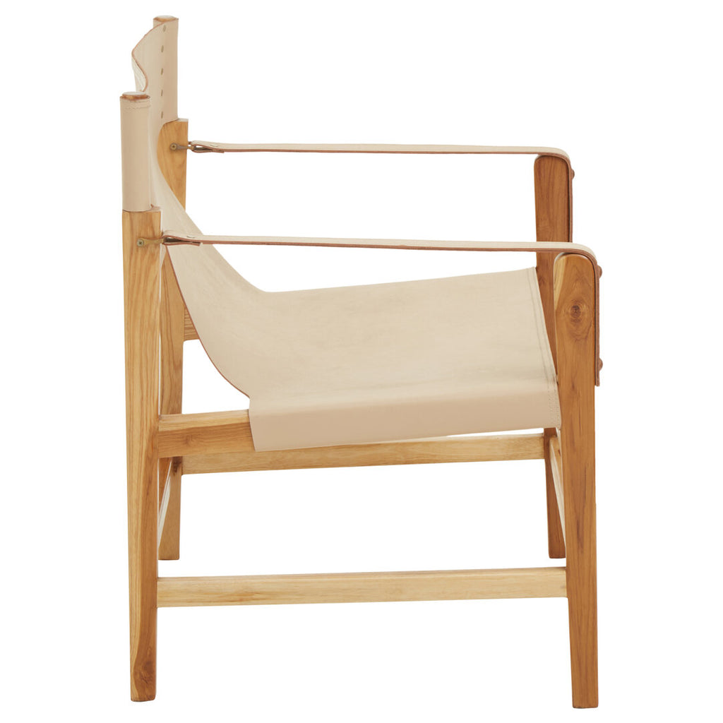 Cream Leather Teak Wood Chair on white background