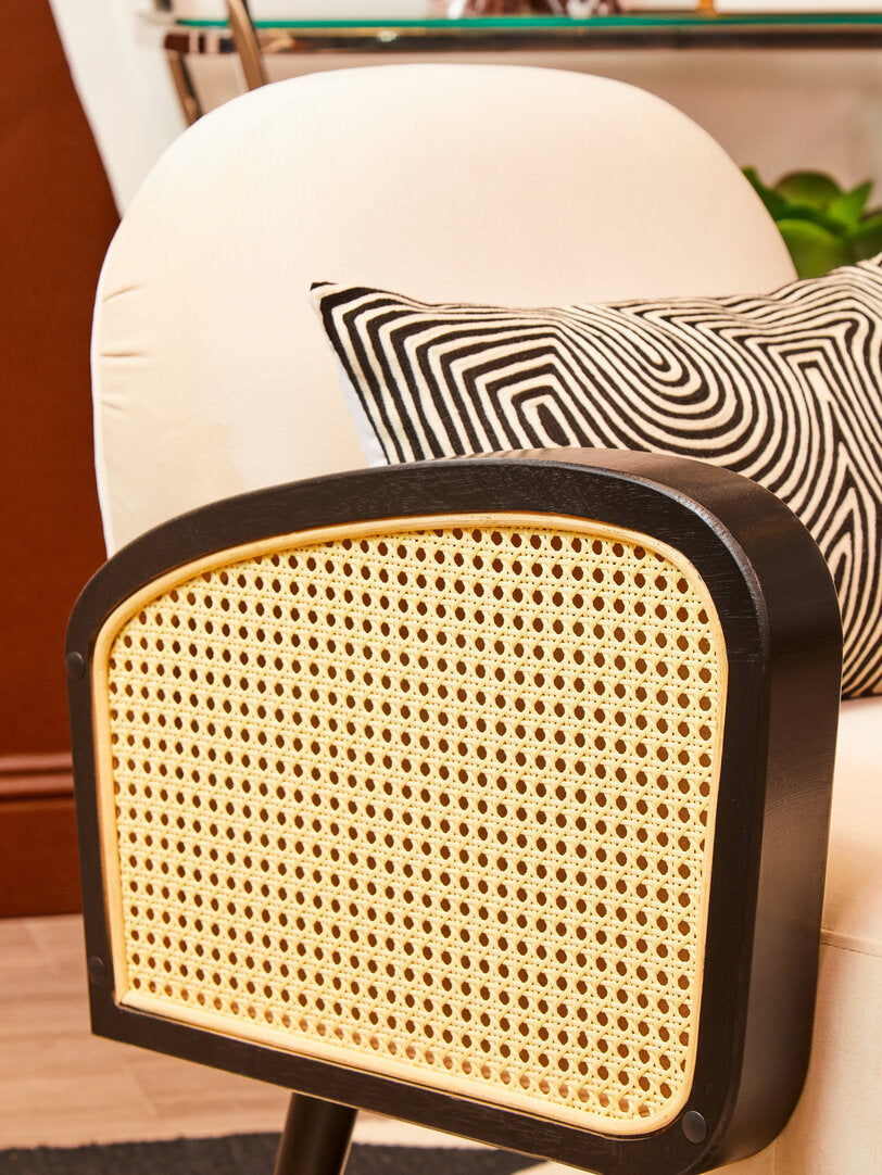 Armrest of Cream Rattan Velvet Armchair