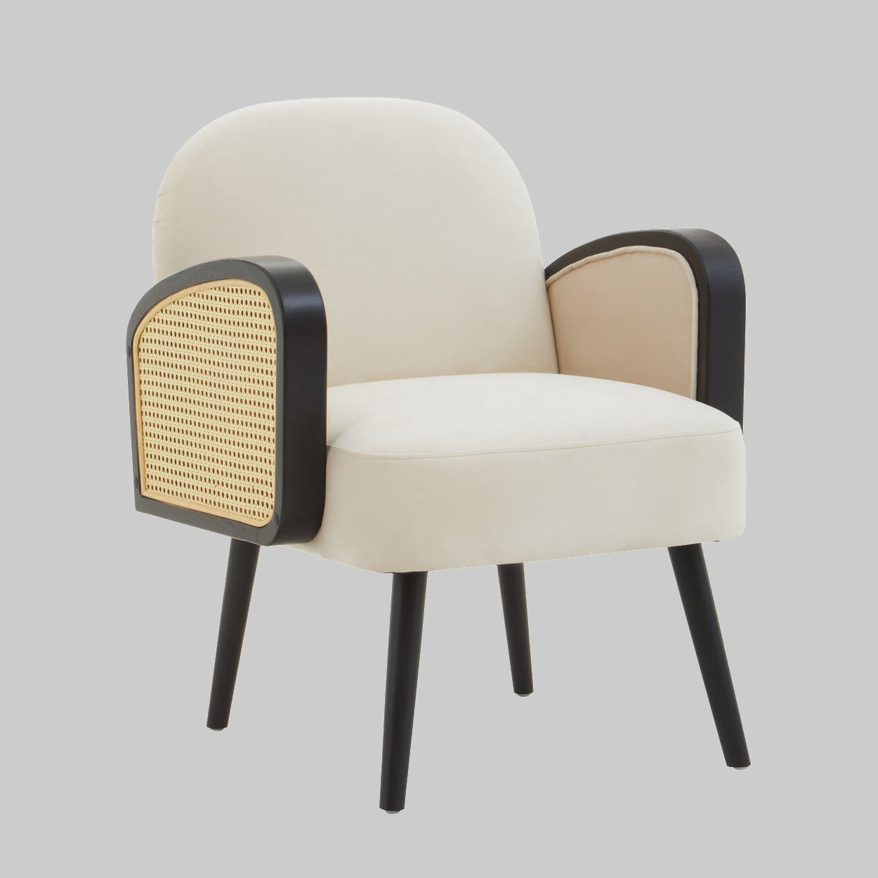 Cream Rattan Velvet Armchair on grey background