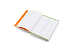 Open book with orange and green edges on a white background