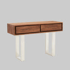 Acacia Wood Drawer Console on grey background