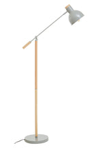 Floor lamp with a gray shade and wooden pole on a white background
