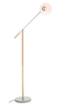 Floor lamp with wooden base and grey shade on a white background