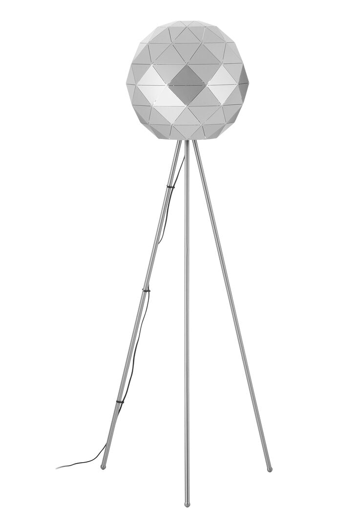 Geometric floor lamp with a spherical shade on a white background