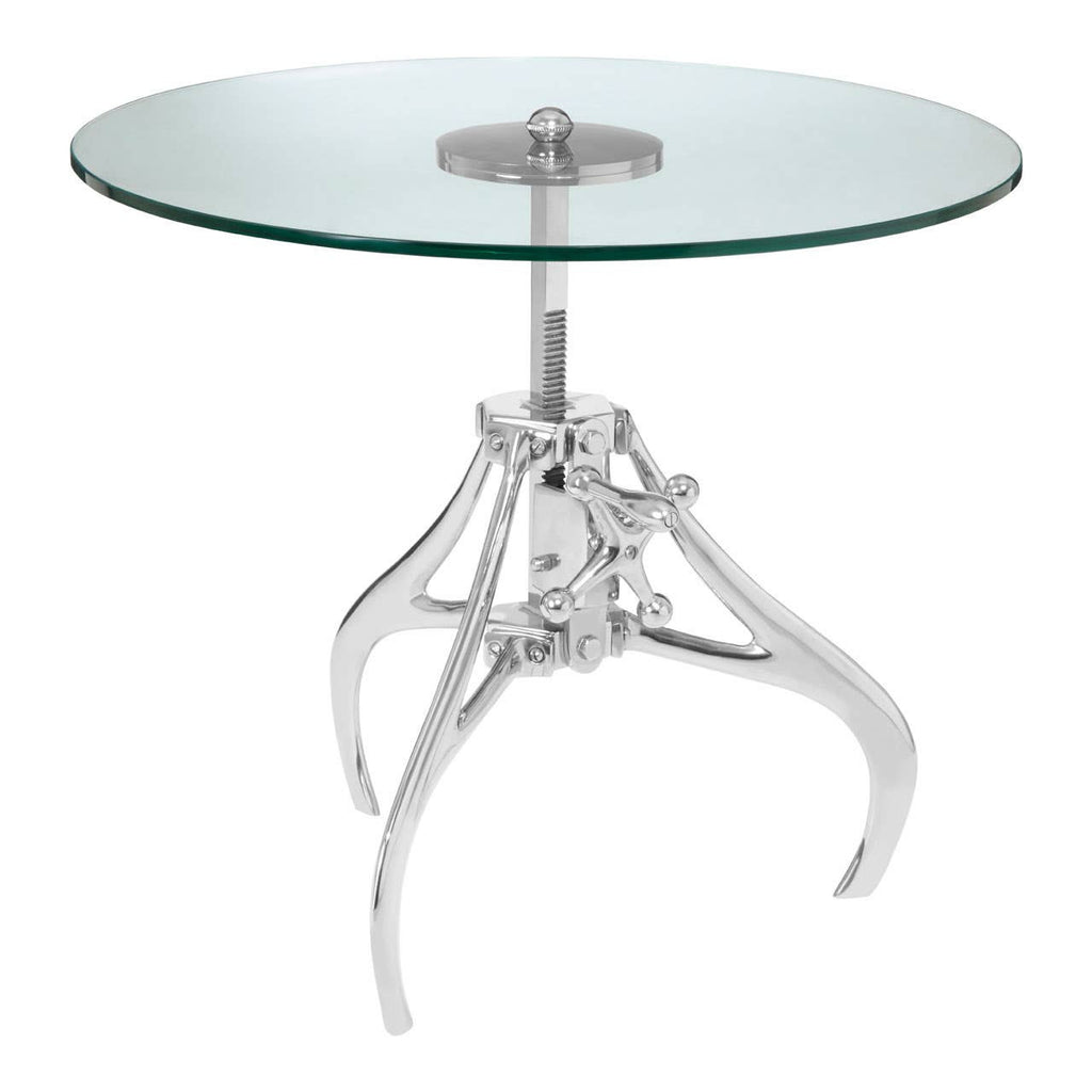 Glass top table with chrome metal base on a white background