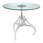 Glass top table with chrome metal base on a white background