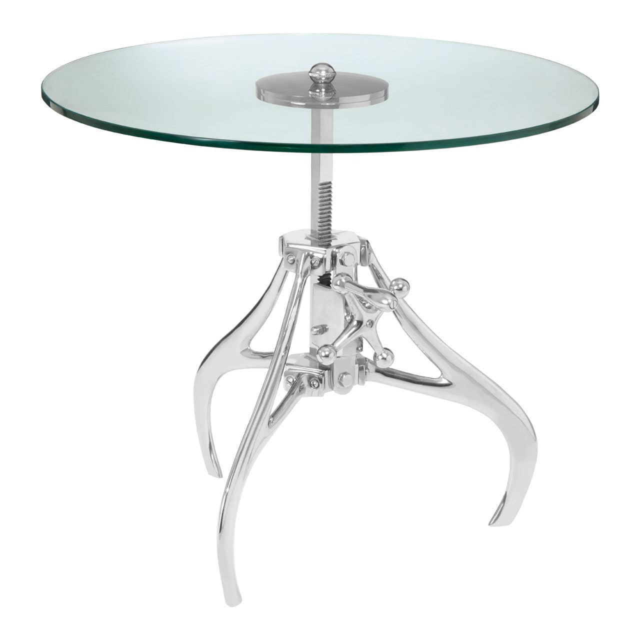 Glass top table with chrome metal base on a white background