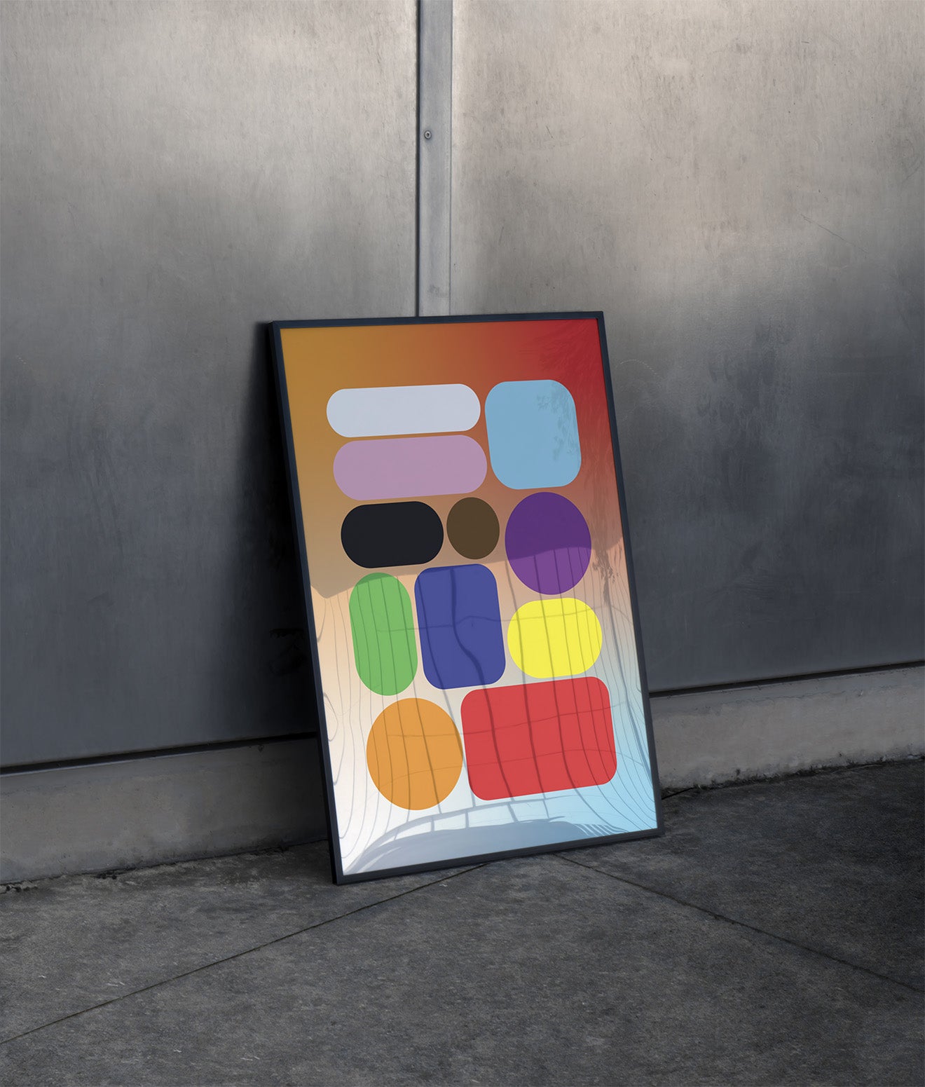 Gradient Blob Poster in black frame leaning on wall