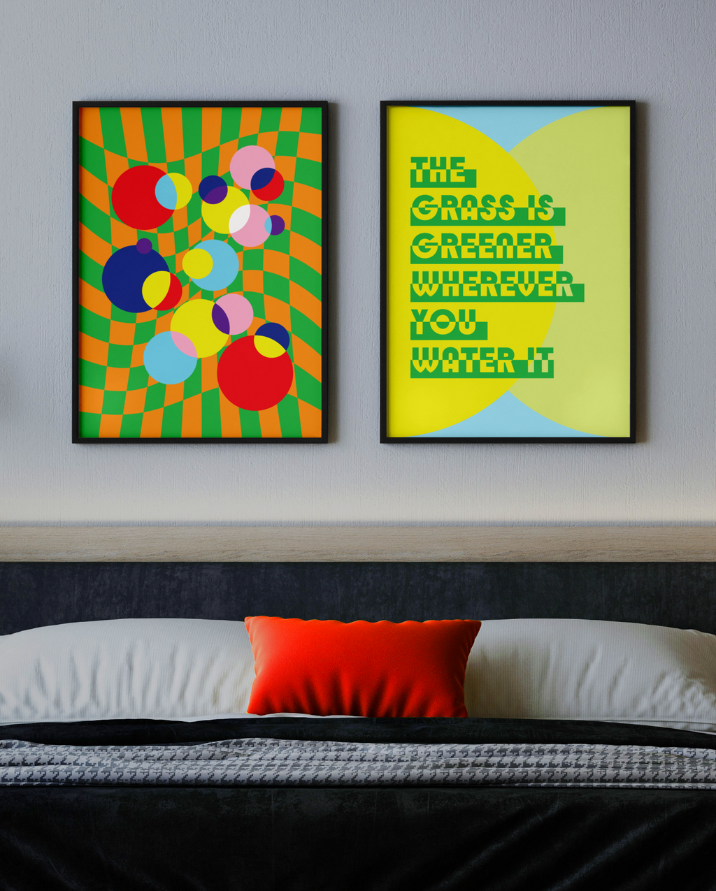 Grass is Greener Poster and Checkerboard Bubbles Poster in Black Frame over bed