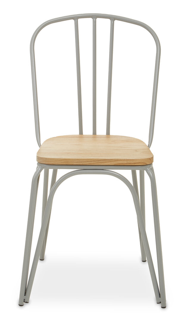 Chair with metal frame and wooden seat on a white background