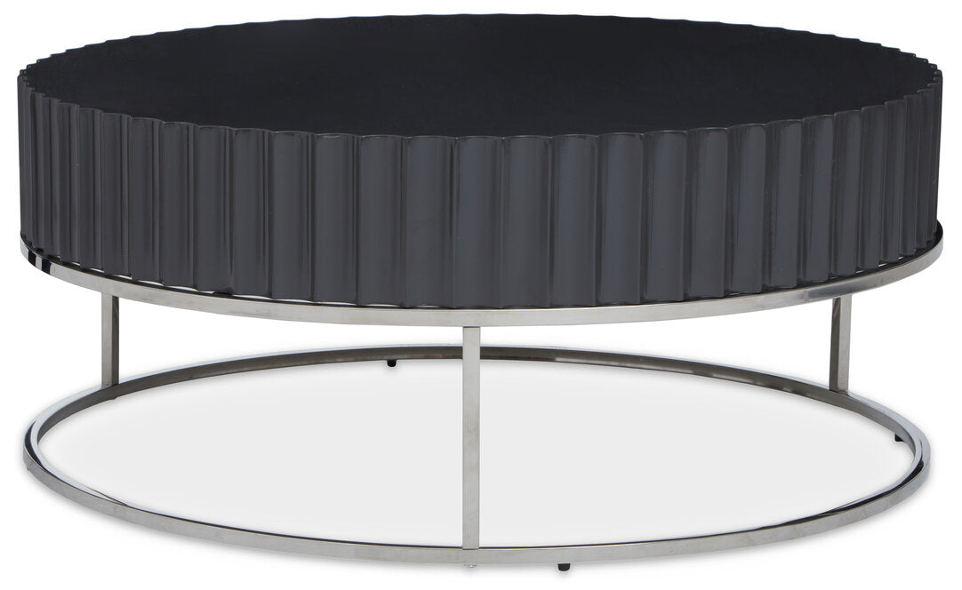 Round Black coffee table on stainless steel  base on white background
