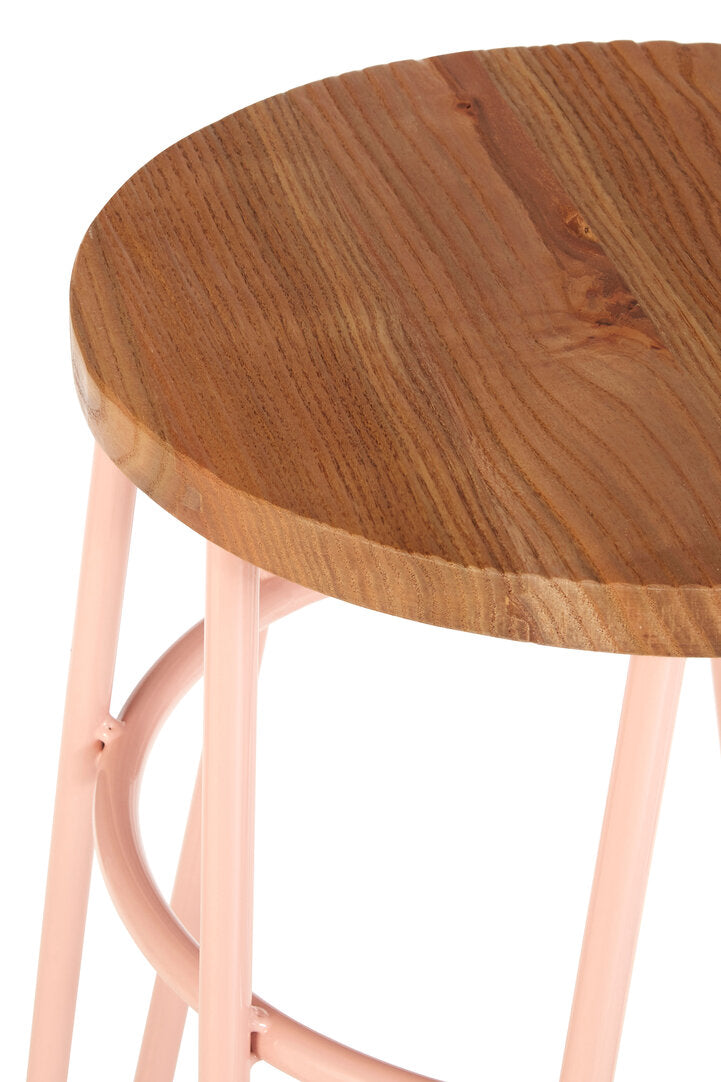 Wooden stool with pink metal legs on a white background