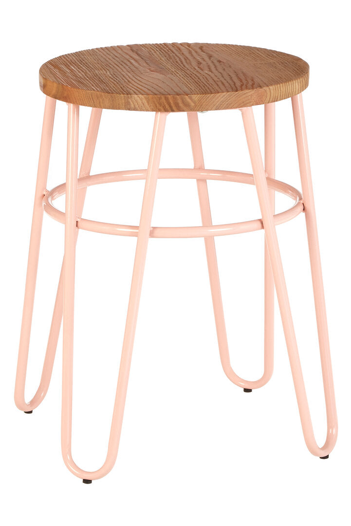 Bar stool with wooden seat and pink metal legs on a white background