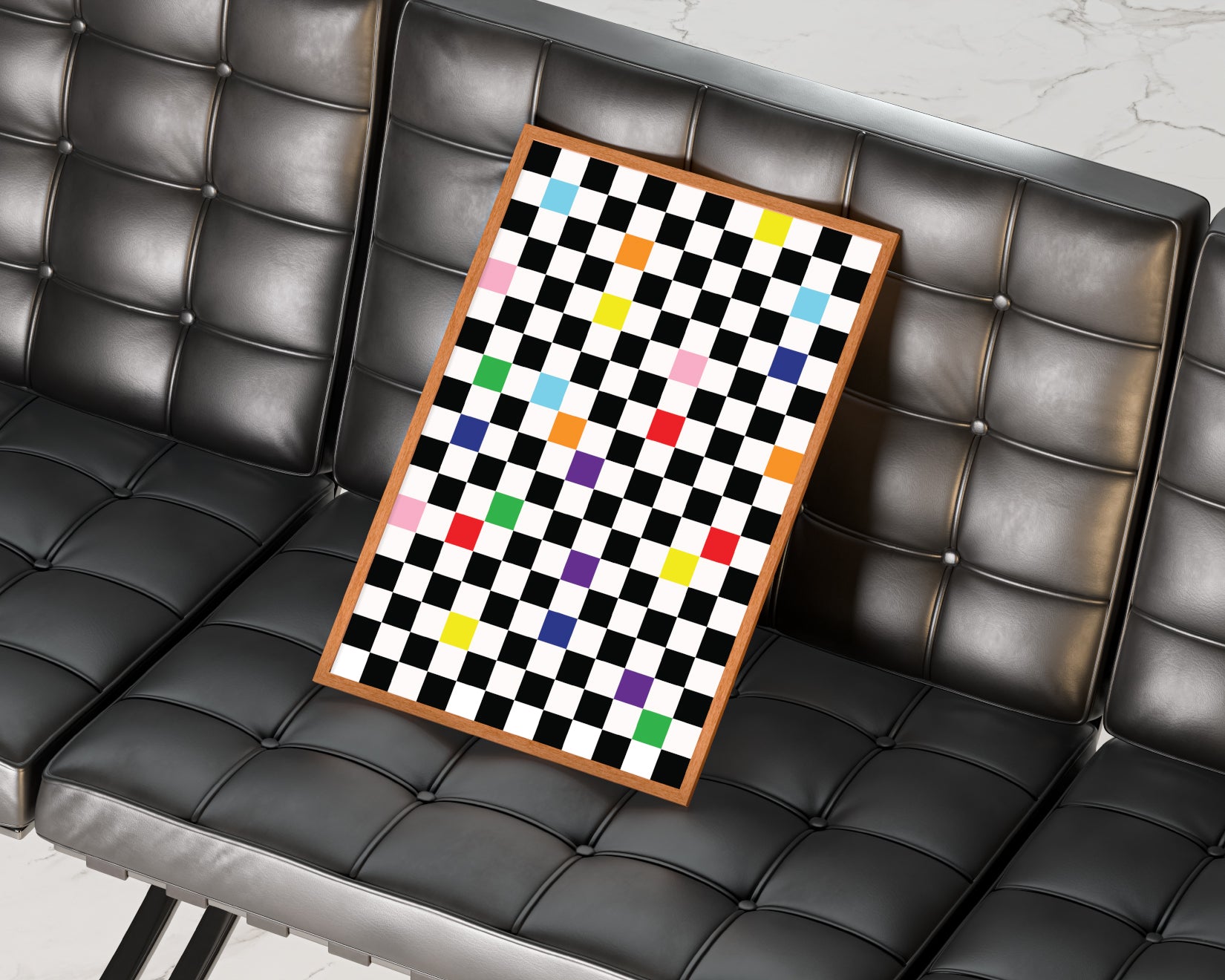 KEFINO Checkerboard Print in wooden frame on leather chair