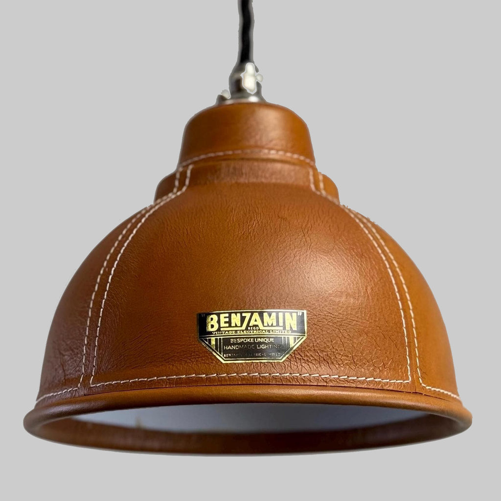 Genuine Tan-Leather, Hand-Stitched Lampshade Pendant Light