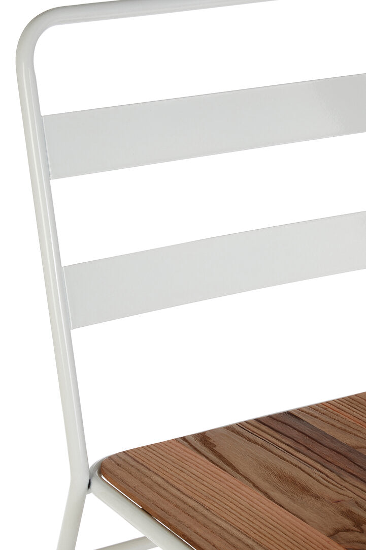 Chair with white metal frame and wooden seat on a white background