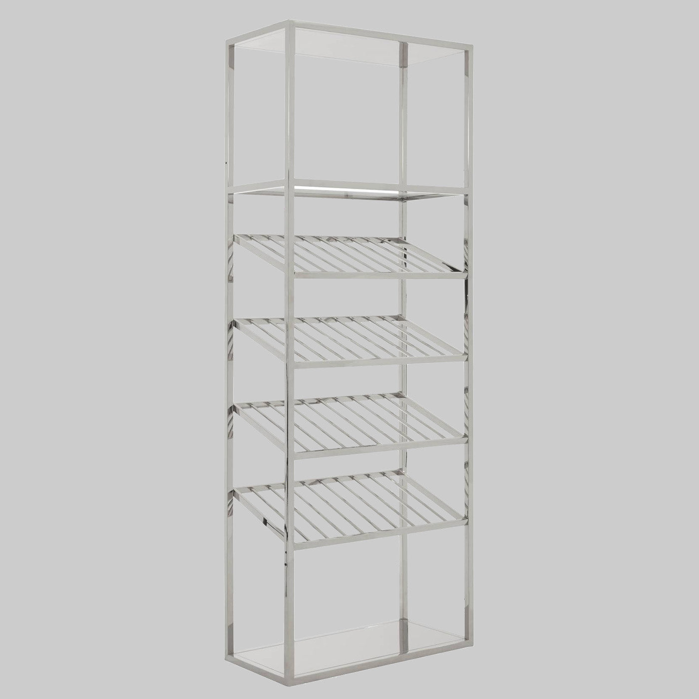 Metal shelving unit with multiple shelves on a gray background