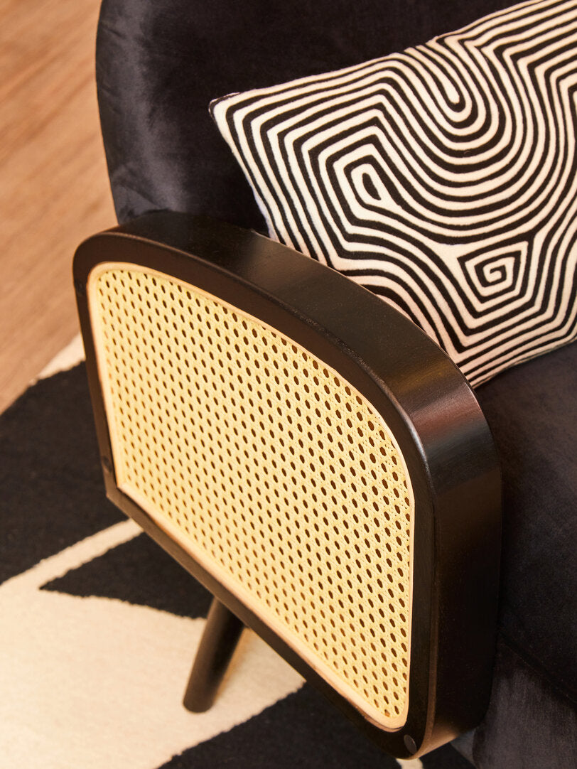 Midcentury Rattan and Black Velvet Armchair