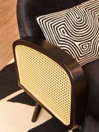 Midcentury Rattan and Black Velvet Armchair