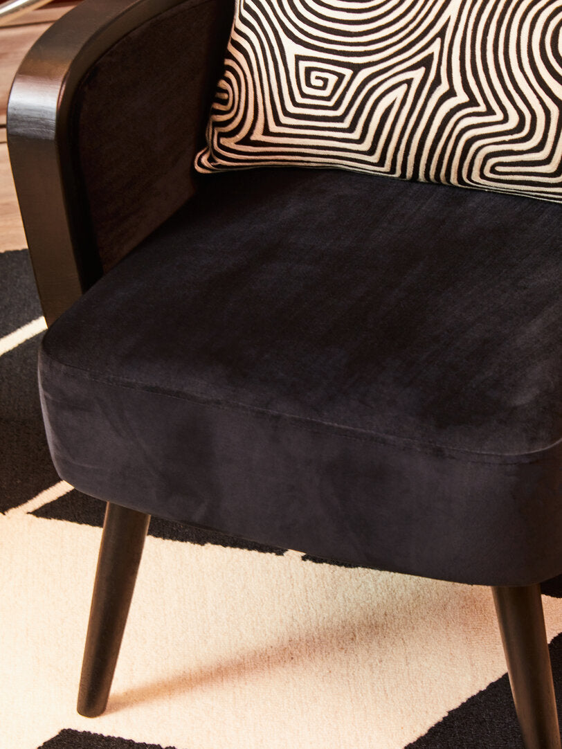 Midcentury Rattan and Black Velvet Armchair
