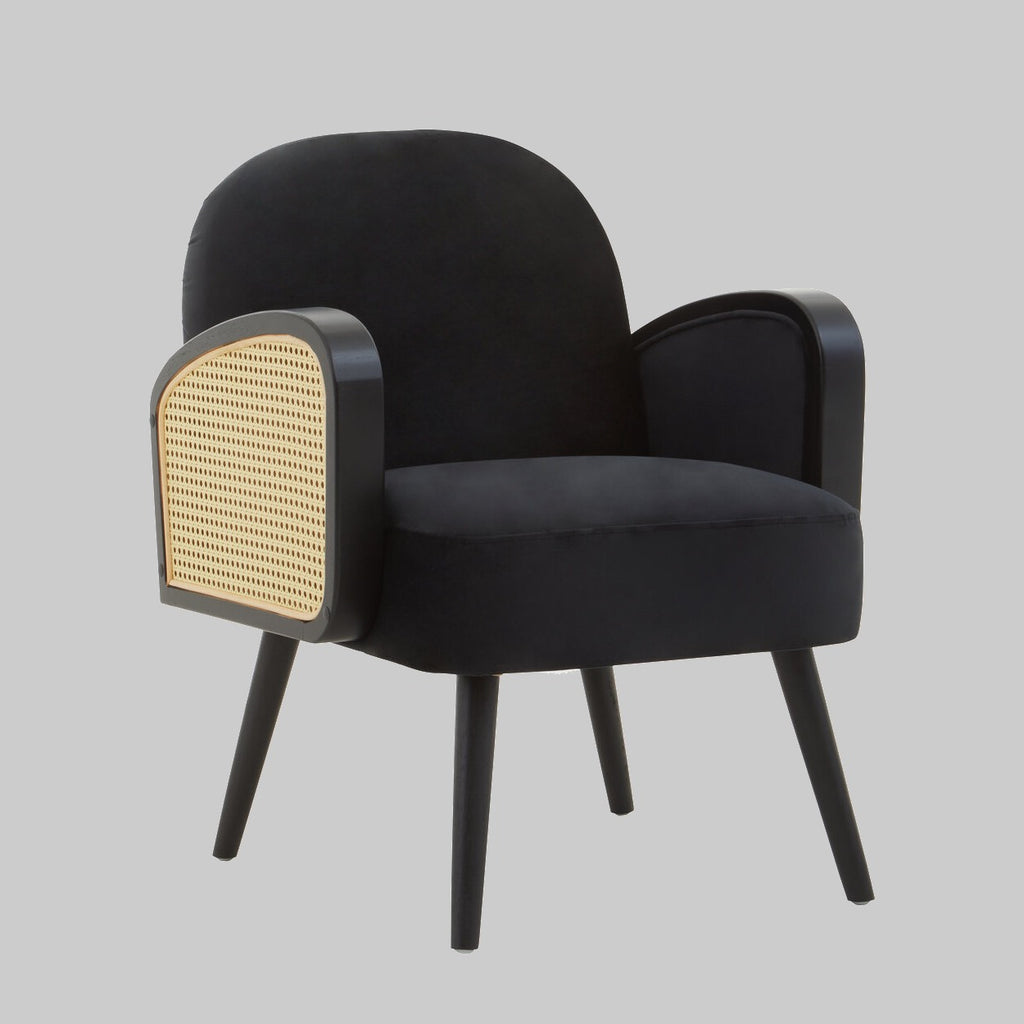 Midcentury Rattan and Black Velvet Armchair