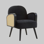 Midcentury Rattan and Black Velvet Armchair
