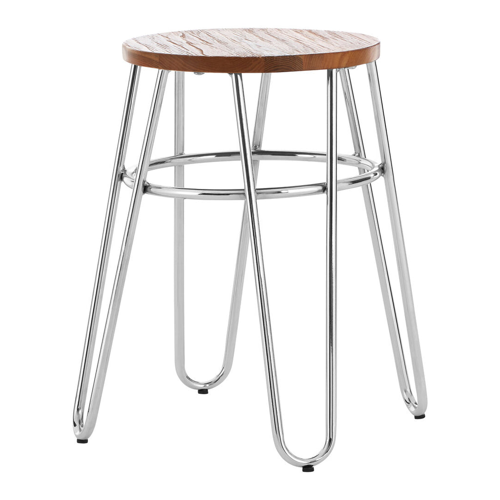 Bar stool with wooden seat and metal frame on a white background
