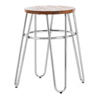 Bar stool with wooden seat and metal frame on a white background