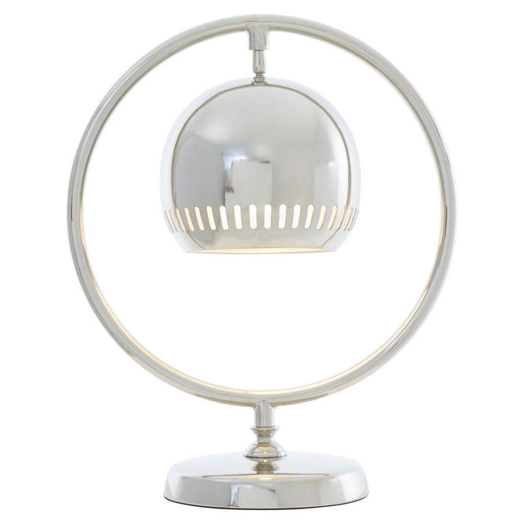 Modern silver table lamp with a spherical design on a white background